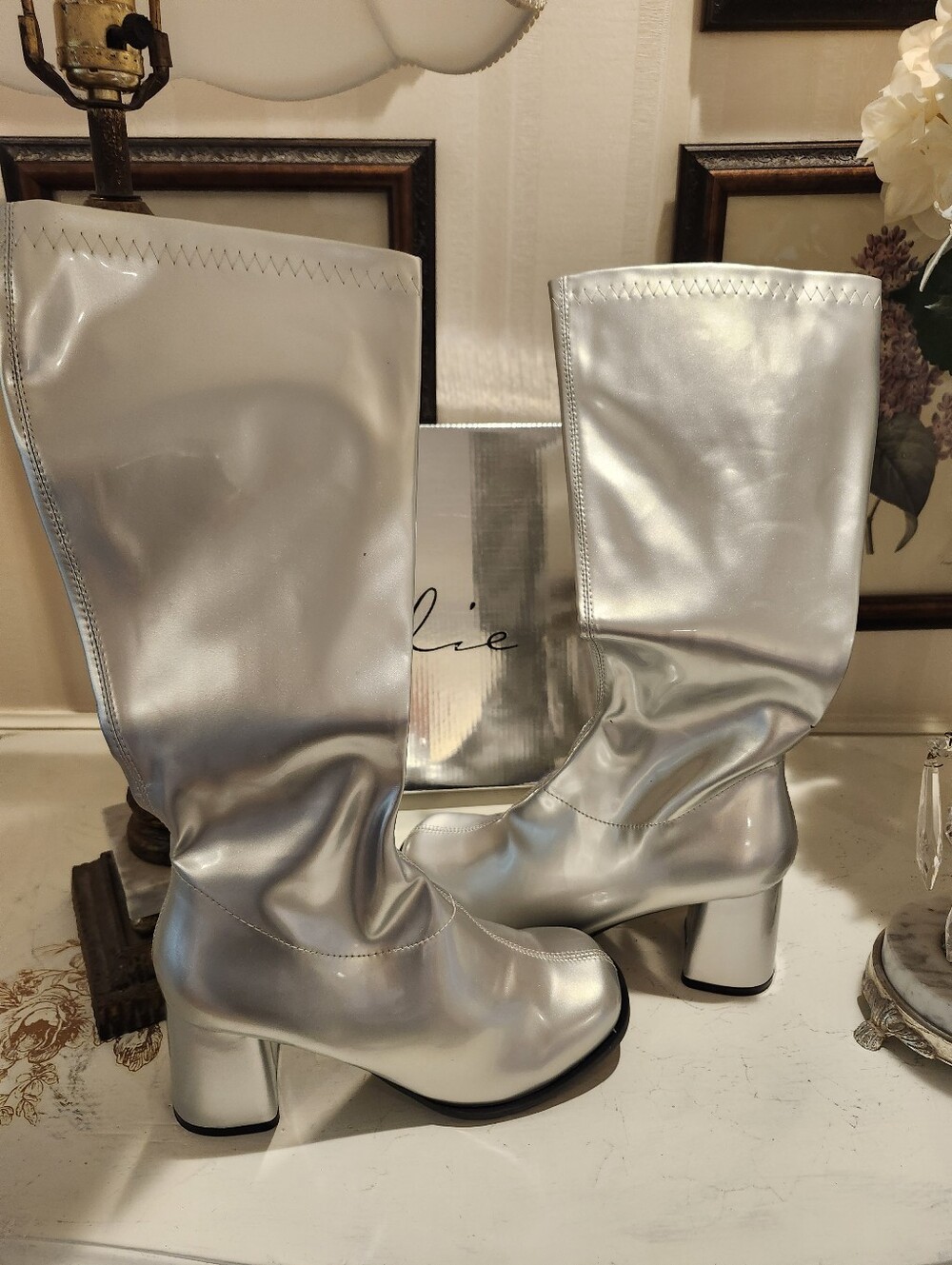 Ellie Metallic MOD Silver Knee High Go Go Boots New In Box Y2K Disco Costume 8